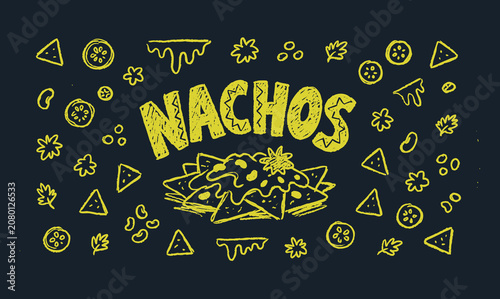 Bild auf Leinwand Nachos Mexican food hand drawn doodle elements background
