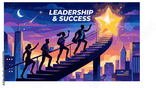 Diverse businesspeople climbing stairs to success in cityscape at sunset