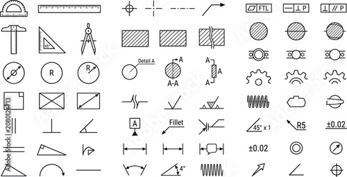 фотографія Engineering drafting line icon set, technical drawing blueprint symbols, geometr