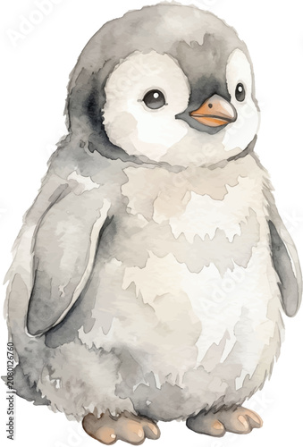 Watercolor illustration features a fluffy grey baby penguin in a cute and soft artistic style, perfect for childrens products.