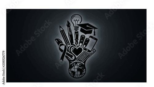 Creative education and learning concept with hand holding various school supplies on black background