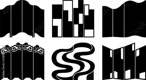 Black and white vector icon set of folding room dividers and privacy screens for modern interior design