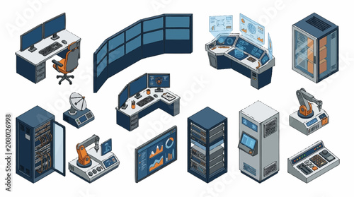 Isometric office technology and computer equipment setup.