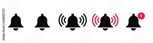 Foto Set of black bell notification icons with sound wave effects and alert marker on a gray grid surface