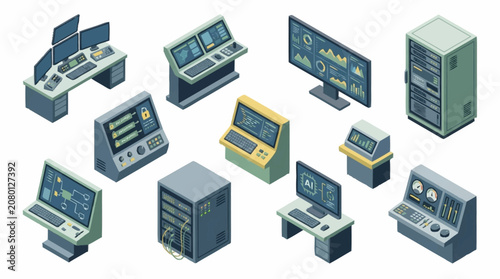Isometric collection of vintage computer hardware and servers.