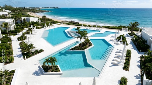 Aerial view of a luxury tropical beach resort with large swimming pools