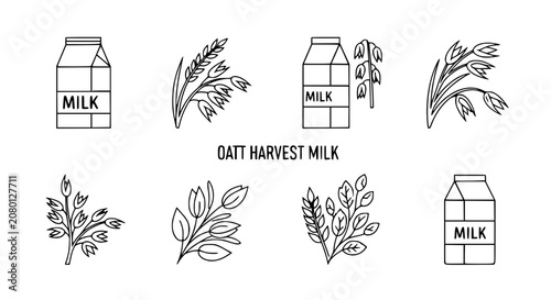 Oat Milk Carton Icon Set with Oat Stalks and Leaves