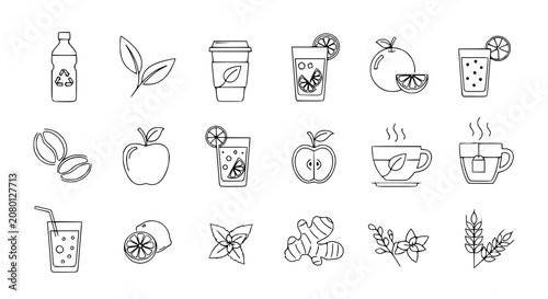 Healthy Drinks and Ingredients Line Icons Set: Coffee, Tea, Juice, Fruit, Herbs, Ginger, Recycle Bottle