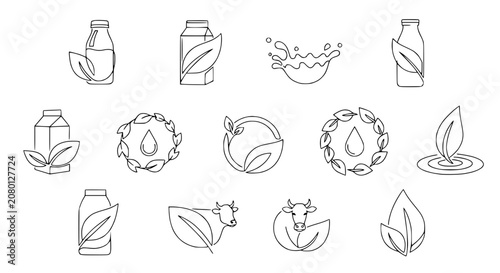 Organic Milk Icons: Cow, Leaf, Bottle, Carton, Splash, Droplet, Eco, Nature, Line Art