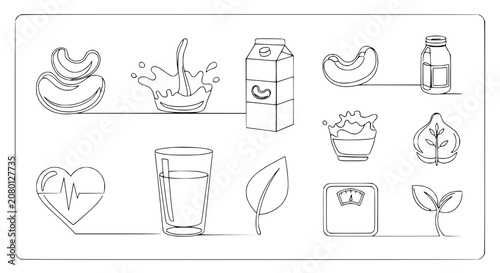 Cashew Milk Plant-Based Beverage Icons: Health, Nutrition, and Lifestyle Line Art