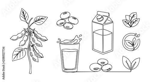Soybean Plant, Beans, Milk Carton, Glass, and Leaves - Continuous Line Art
