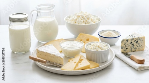 An inviting assortment of fresh dairy products including milk, cottage cheese, yogurt, and assorted cheeses like brie, blue cheese, and emmental, elegantly presented.