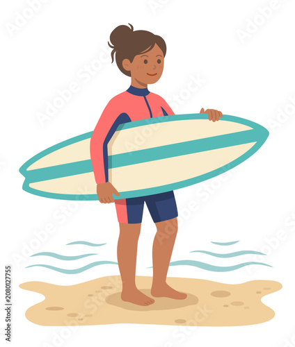 Woman in a wetsuit on a sandy shore with a striped surfboard, flat style illustration