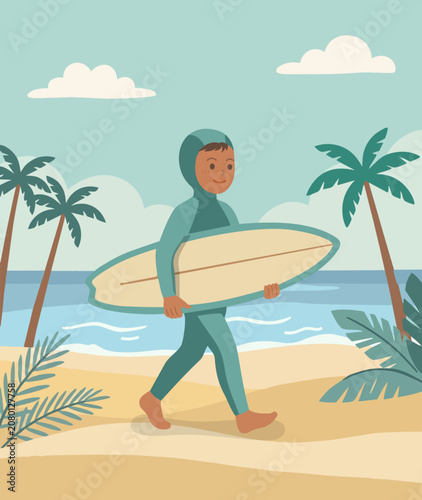 Cute flat illustration of a female surfer in a full hooded wetsuit holding a surfboard on a tropical beach, with palm trees and ocean.
