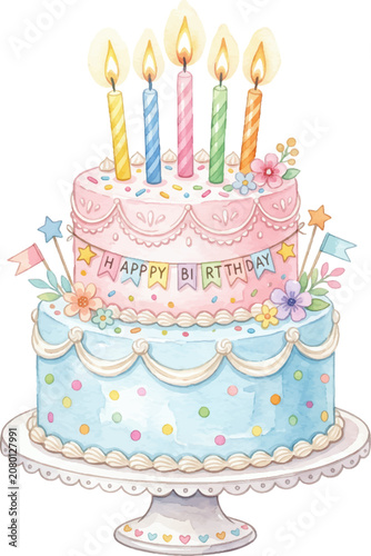 Layered birthday cake with five glowing candles, pink and blue festive flower decorations. Perfect for birthday party invitations and greeting cards.