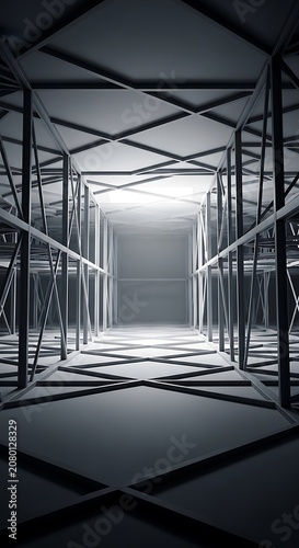 Industrial interior, metal structure, futuristic architecture, dark and moody
