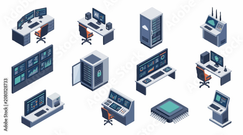 Isometric illustration of modern computer workstations and servers.