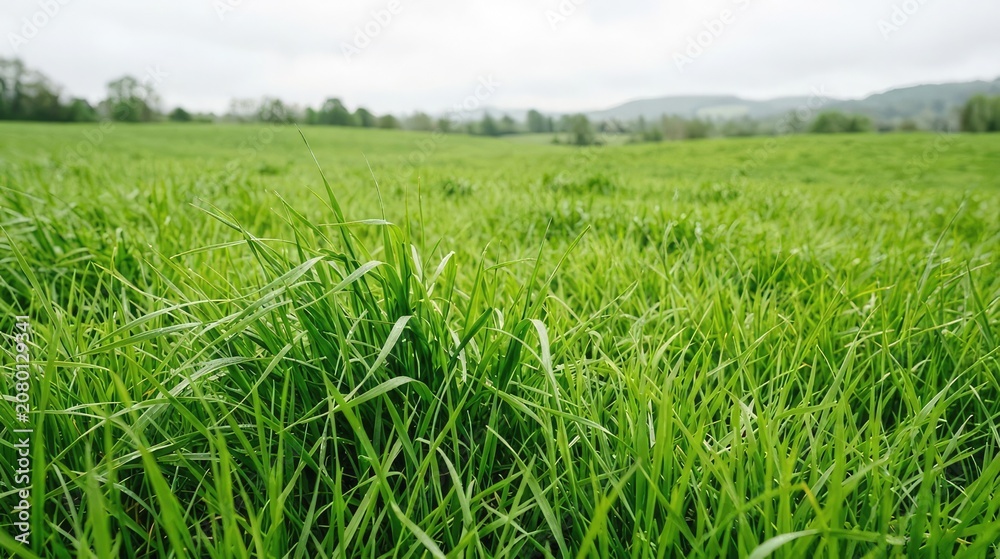 Fototapeta premium Lush green meadow landscape with rolling hills in the distance on an overcast day