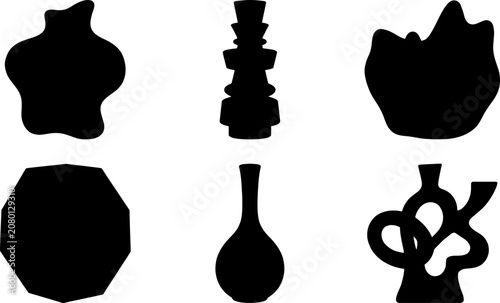 Set of diverse black abstract shapes and minimalist silhouettes for modern design, featuring organic fluid forms, geometric patterns, and decorative graphic elements.