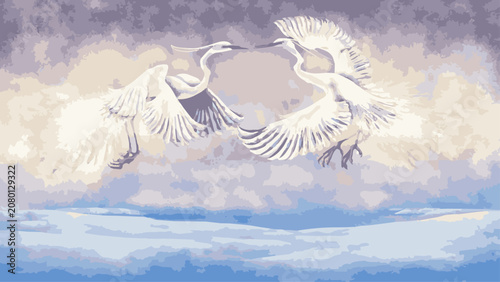 Elegant White Herons in Winter Landscape – Decorative Vector Style Illustration