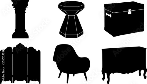 Set of furniture and home decor silhouettes including armchair chest room divider pedestal column and geometric stool vector