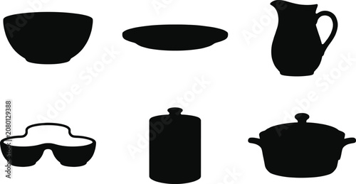 Set of kitchenware and dinnerware silhouettes: bowl, plate, pitcher, pot, and container. Black vector icons for cooking and serving.