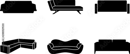 Set of modern sofa and couch black silhouette icons vector illustrations for interior design and living room furniture layout
