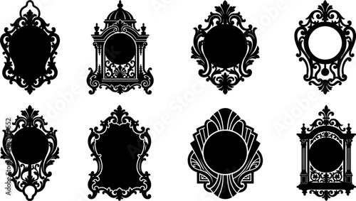 Set of ornate vintage frames and borders silhouettes in baroque and rococo style isolated on white background