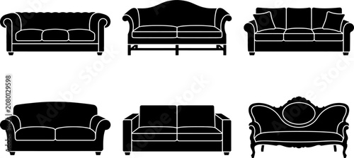 Set of sofa silhouettes vector icon collection for interior design and living room furniture concept