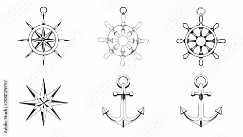 Set of marine navigation symbols including compass ship wheels and anchors in black and white