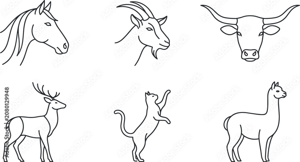Fototapeta premium Minimalist Farm and Wildlife Animal Line Icon Set Featuring Horse Profile Goat Head Texas Longhorn Bull Deer Stag Playful Cat and Alpaca for Ranch Logo Designs