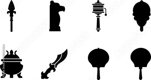 Tibetan Buddhist ritual objects and medieval weapon silhouettes vector icon set featuring prayer wheel, dagger, incense burner, and fans