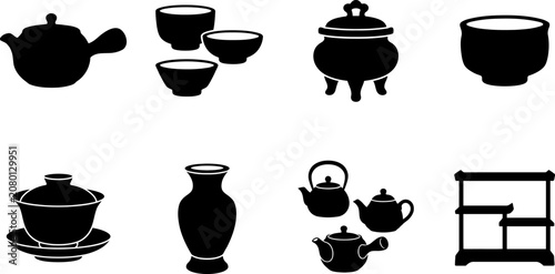 Traditional Asian Tea Ceremony Icons Set: Silhouettes of Teapots, Teacups, and Utensils for Cultural Themes and Design Elements
