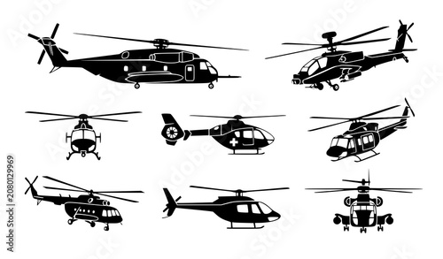 Fotografie Helicopter silhouette vector set with military rescue and transport aircraft