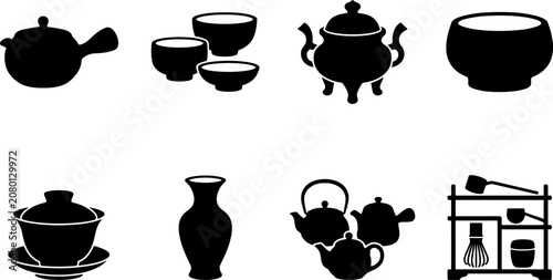 Traditional Asian Tea Ceremony Utensils Vector Icons Collection. Elegant Silhouettes of Japanese and Chinese Teapots, Cups, and Accessories for Cultural Rituals.