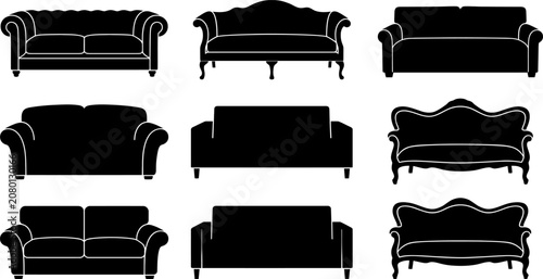 Vector collection of classic and modern sofa silhouettes, vintage couch icons set isolated on white background for interior design