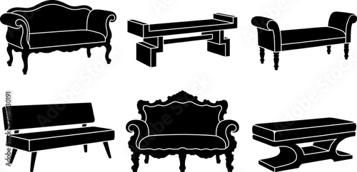Vector silhouette set of classic and modern sofas, benches, and vintage couches for interior design isolated on white background