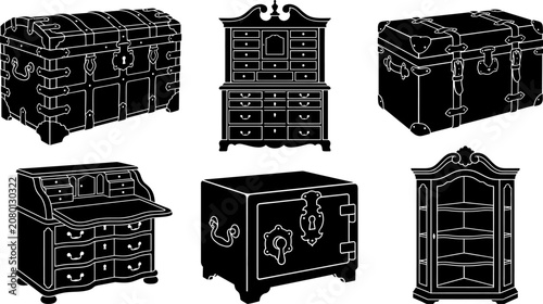 Vintage Furniture and Storage Collection: Elegant Silhouettes of Trunks, Desks, Cabinets, and Safe for Design Projects