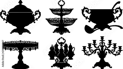 Vintage ornate tableware silhouettes vector set featuring tureen candelabra cake stand and antique dining decor elements