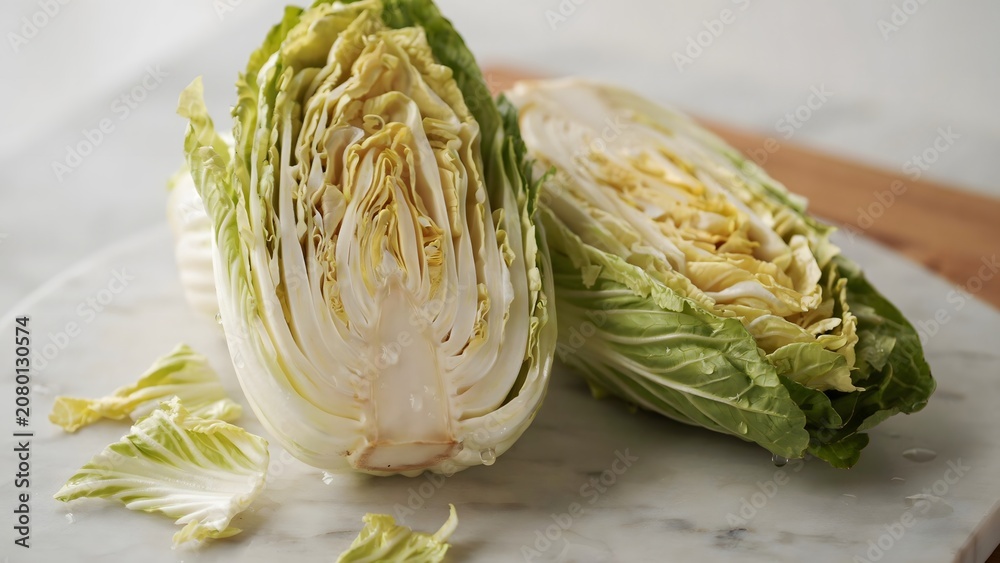 Obraz premium Freshly Cut Romaine Lettuce Halves on Marble Surface Cooking Ingredient