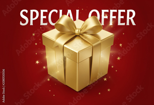 A Gleaming Golden Gift Box With A Matching Ribbon And Bow Sits Centered Against A Deep Red Background Illuminated By Glowing Sparkles And Stars Beneath The Bold White Text Special Offer