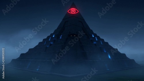 Dark futuristic pyramid with a glowing red all-seeing eye and neon blue energy lines in a foggy night