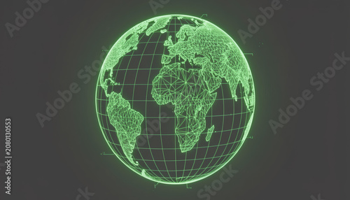 A Glowing Green Wireframe Holographic Globe Displaying Continents And A Coordinate Grid Against A Dark Gray Background