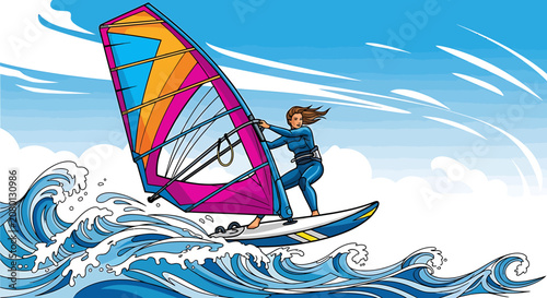 Colorful comic book style illustration of a woman windsurfing on ocean waves under a blue sky.