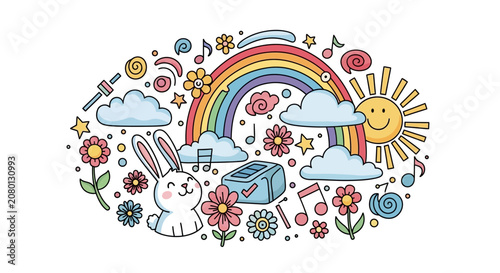 Colorful hand drawn doodle illustration with rainbow sun rabbit flowers and music notes.