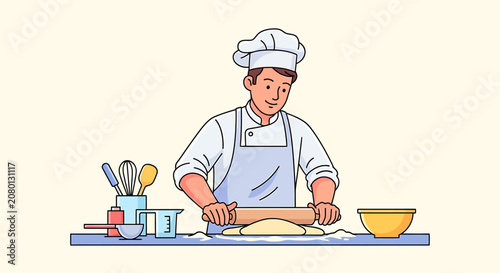 Male chef in uniform rolling dough with a rolling pin on a kitchen counter vector illustration.