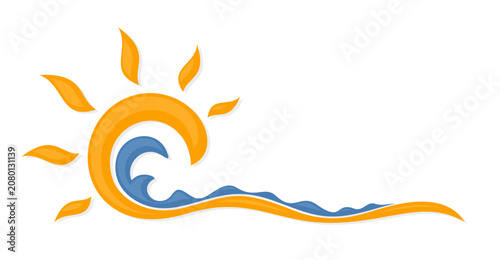 A stylized symbol of sunrise with blue sea.