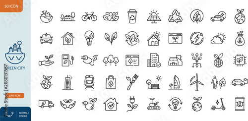 Green City Line Icons Set 50 Editable Stroke Vector Symbols for Sustainable Urban Development, Ecology, and Clean Energy. Vector illustration