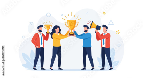 Team celebrating victory with trophies and megaphone, representing success, achievement, and recognition