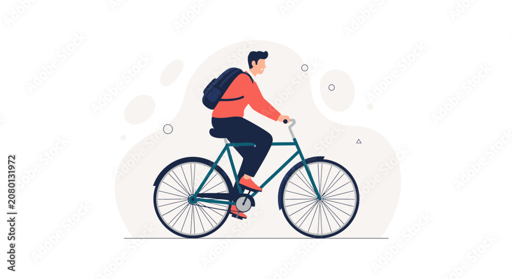 Fototapeta premium Vector Illustration of a Man Riding a Bicycle with a Backpack, Commuting in a Flat Design Style